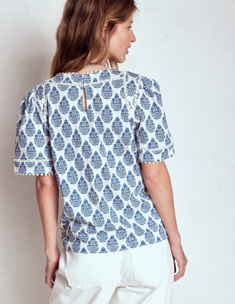 Boden Mila Lace Trim Top - Denim Blue, Wildflower Bouquet