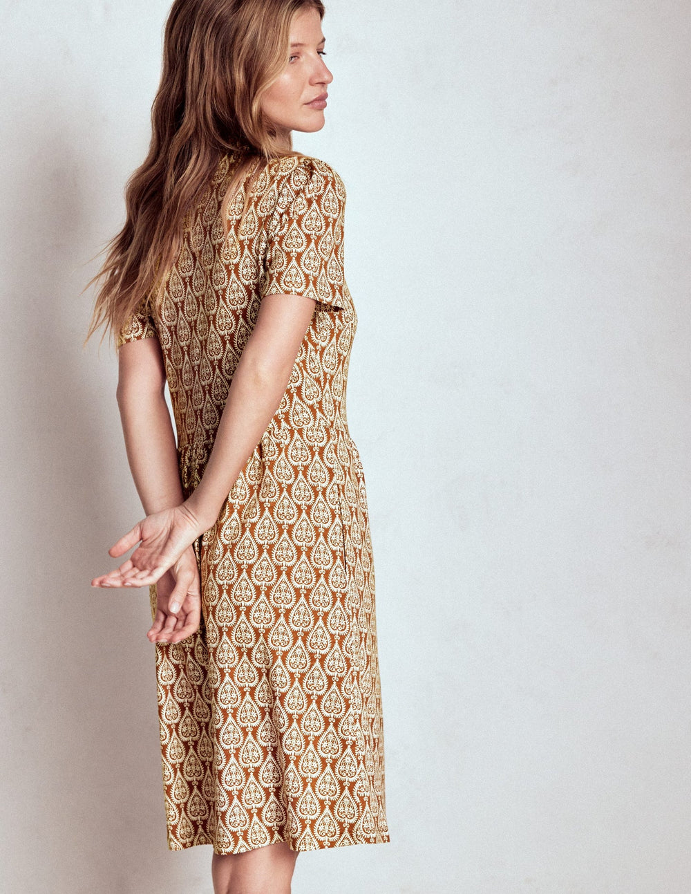 Boden Naomi Short Sleeve Dress - Cognac, Ornate Geo