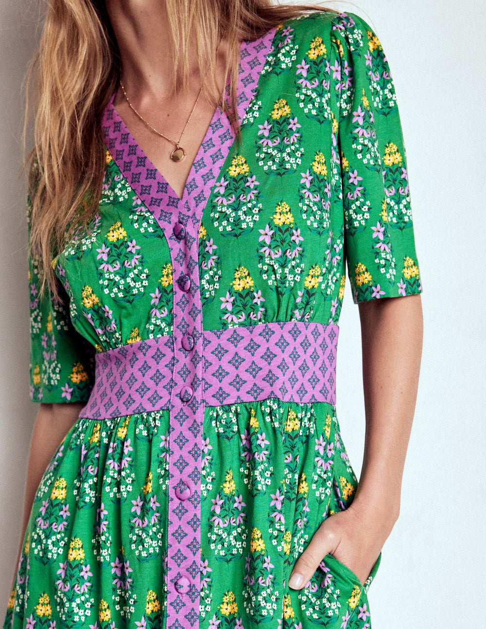 Boden Natalia Jersey Tea Dress - Rich Emerald, Wildflower