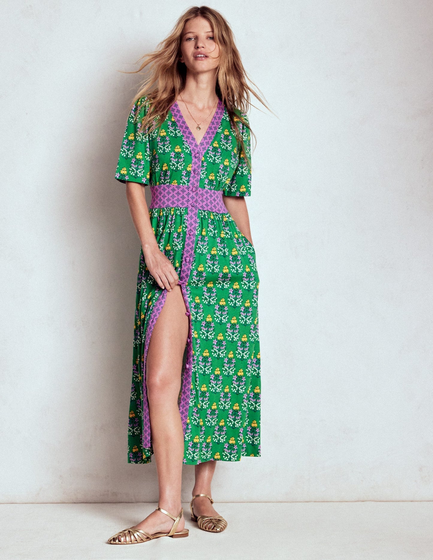 Boden Natalia Jersey Tea Dress - Rich Emerald, Wildflower
