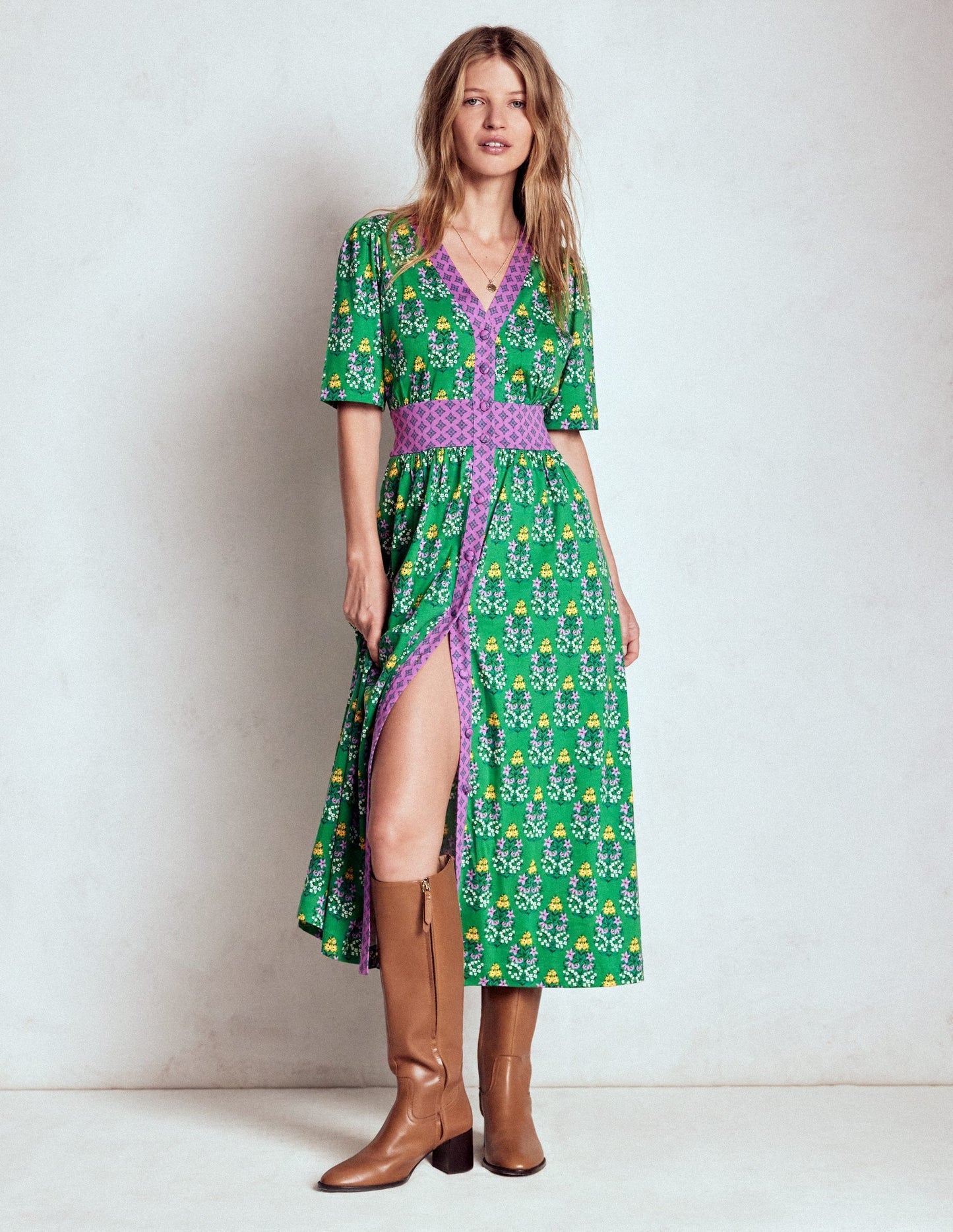 Boden Natalia Jersey Tea Dress - Rich Emerald, Wildflower