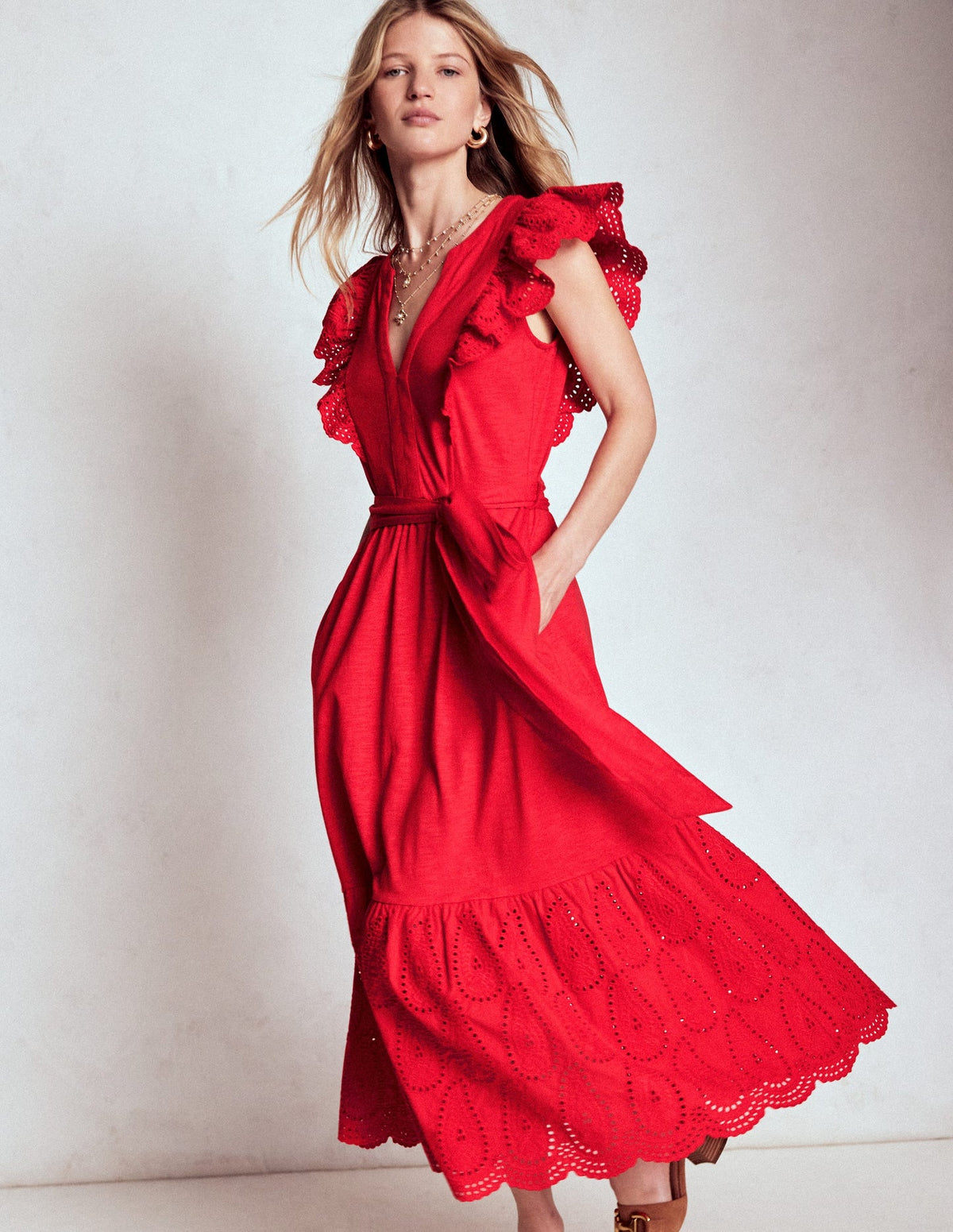 Boden Ruffle Detail Tier Midi Dress - Poppy Red