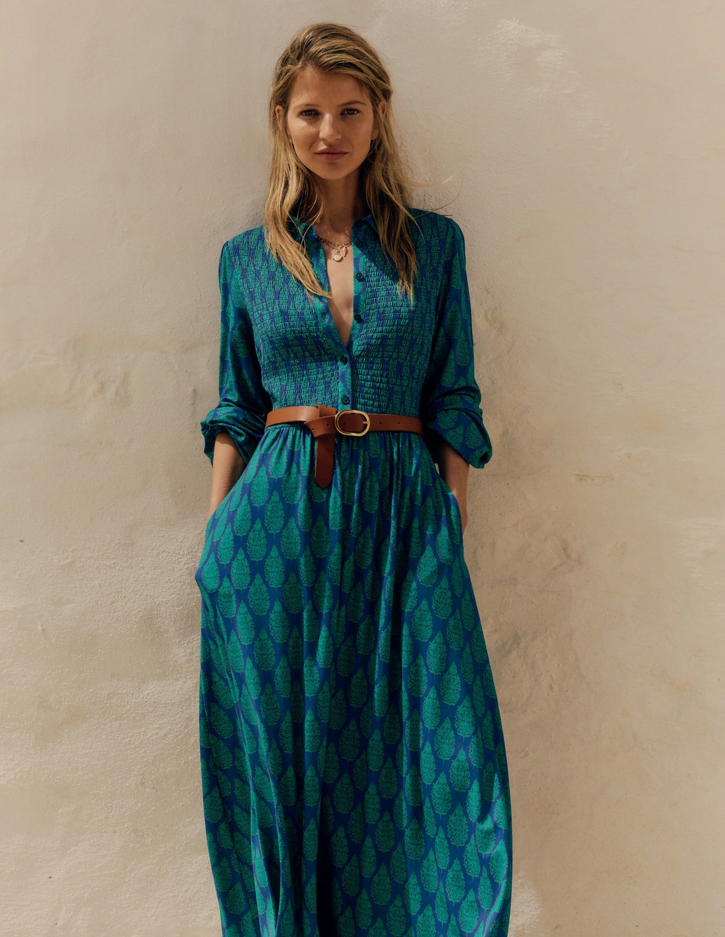 Boden Smocked Jersey Shirt Dress - Blue, Wildflower Bouquet