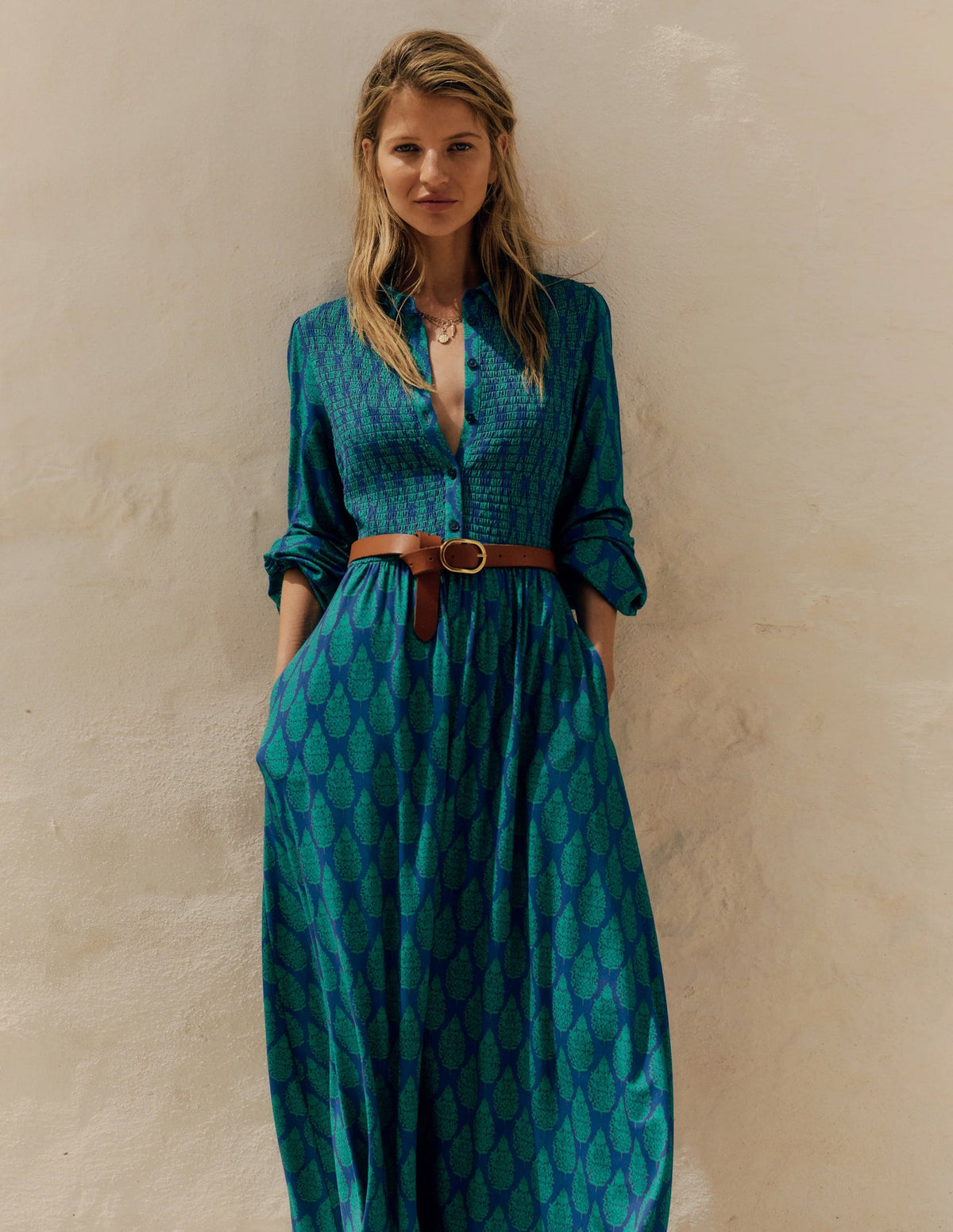 Boden Smocked Jersey Shirt Dress - Blue, Wildflower Bouquet