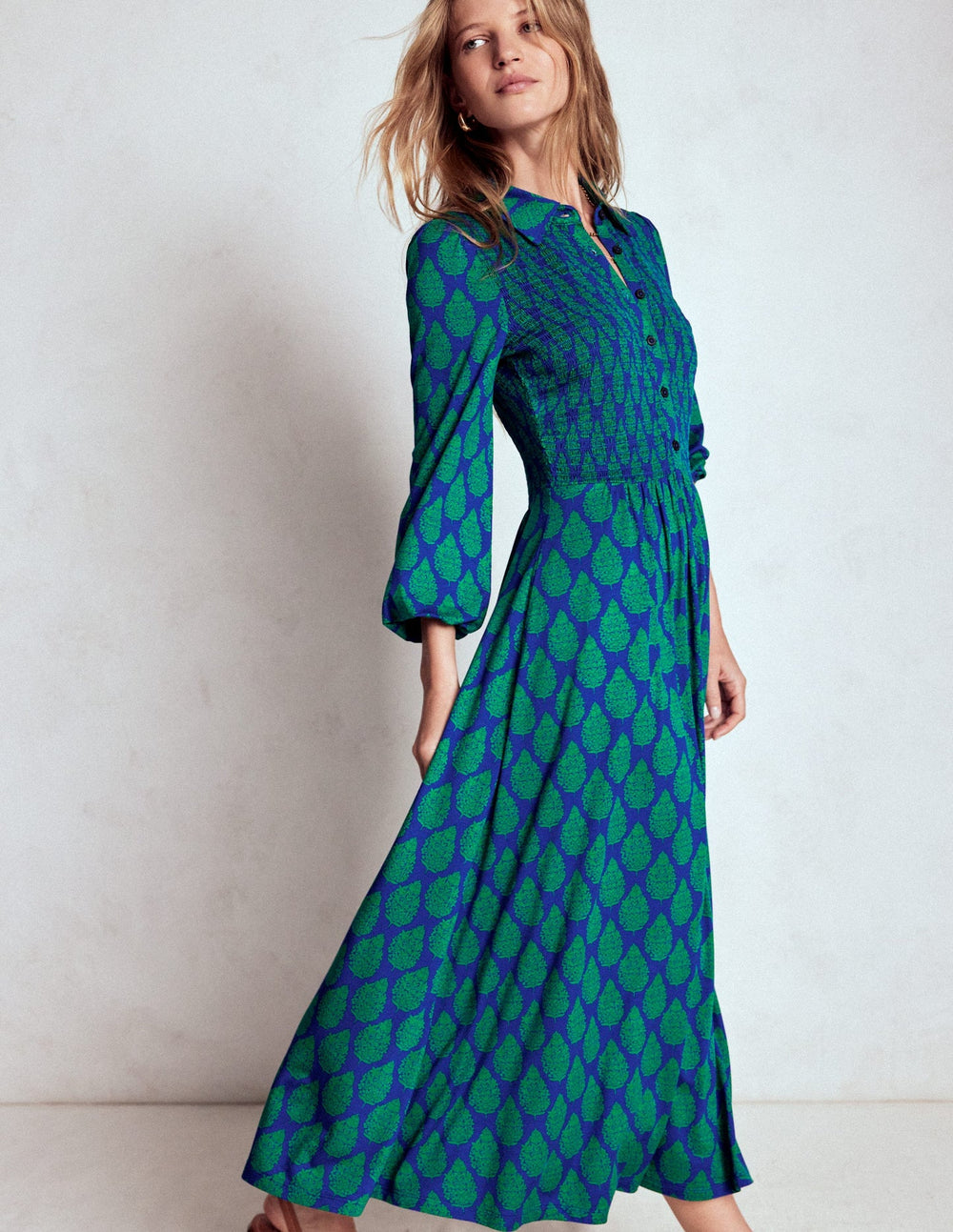 Boden Smocked Jersey Shirt Dress - Blue, Wildflower Bouquet