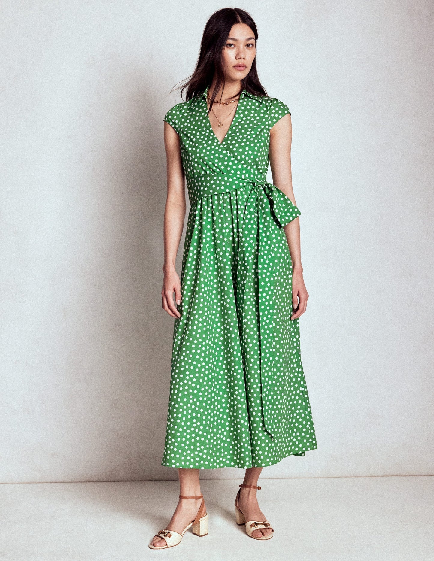 Boden Julia Cotton Wrap Midi Dress - Highland Green, Painted Dot