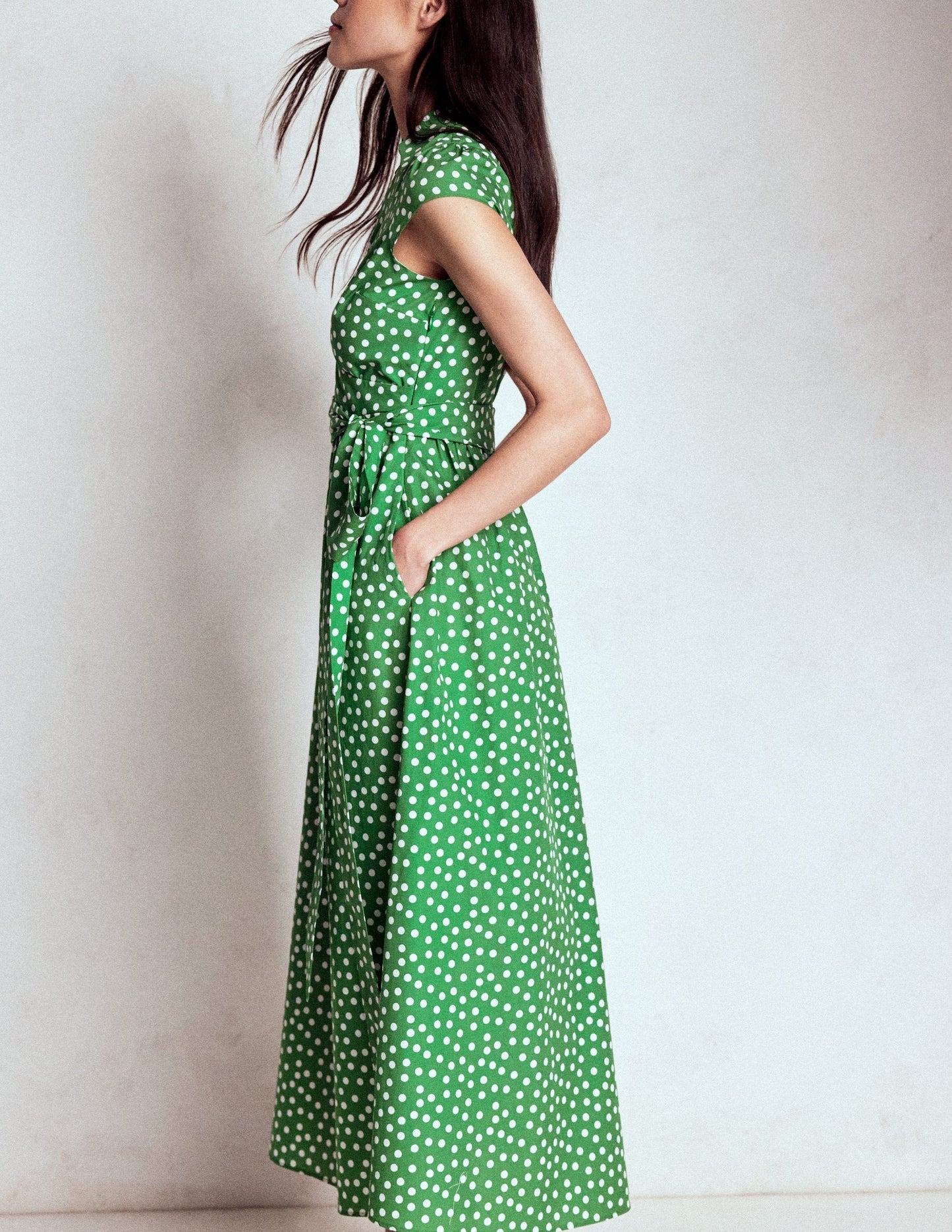 Boden Julia Cotton Wrap Midi Dress - Highland Green, Painted Dot