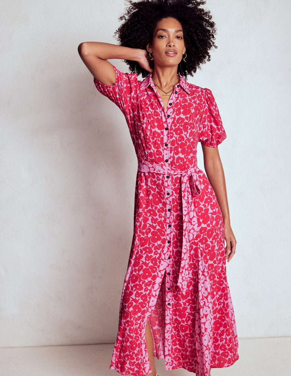 Boden Alegra Midi Shirt Dress - Jewel Red, Leafy Grove