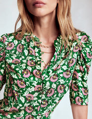 Boden Mutton Sleeve Smart Top - Rich Emerald, Ornate Vine