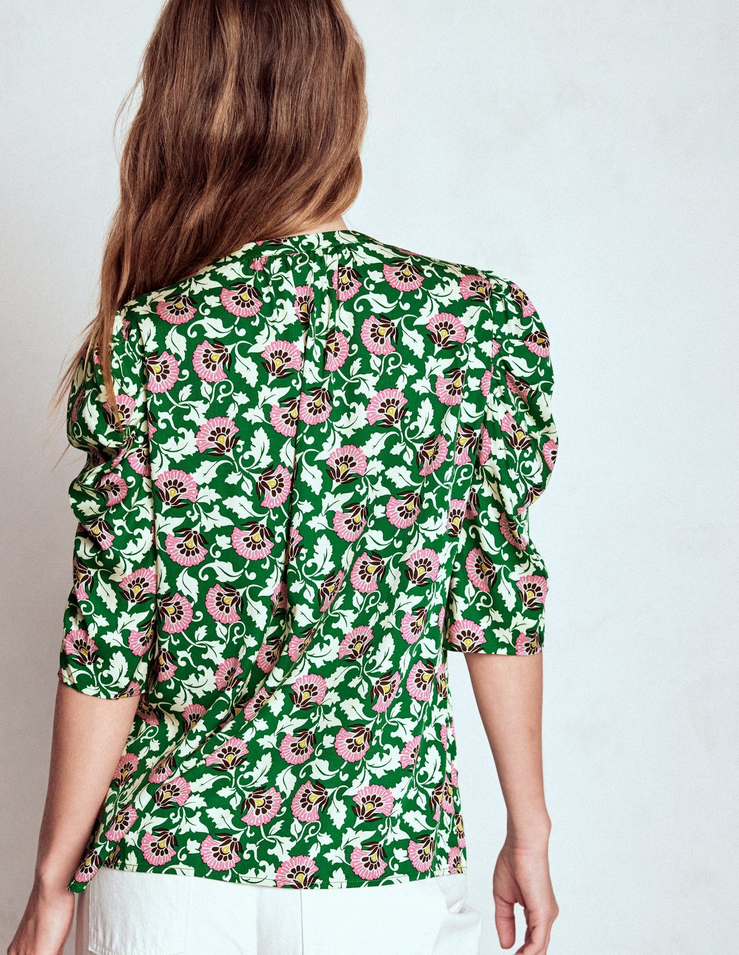 Boden Mutton Sleeve Smart Top - Rich Emerald, Ornate Vine