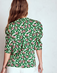 Boden Mutton Sleeve Smart Top - Rich Emerald, Ornate Vine