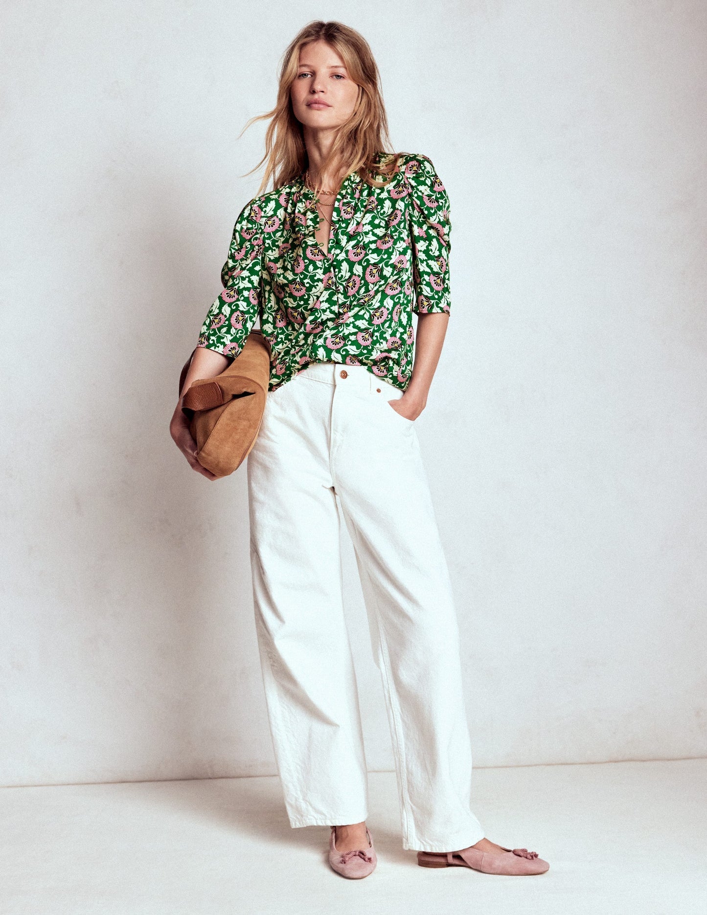Boden Mutton Sleeve Smart Top - Rich Emerald, Ornate Vine
