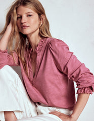 Boden Aria Broderie Notch Neck Top - Pink Heather