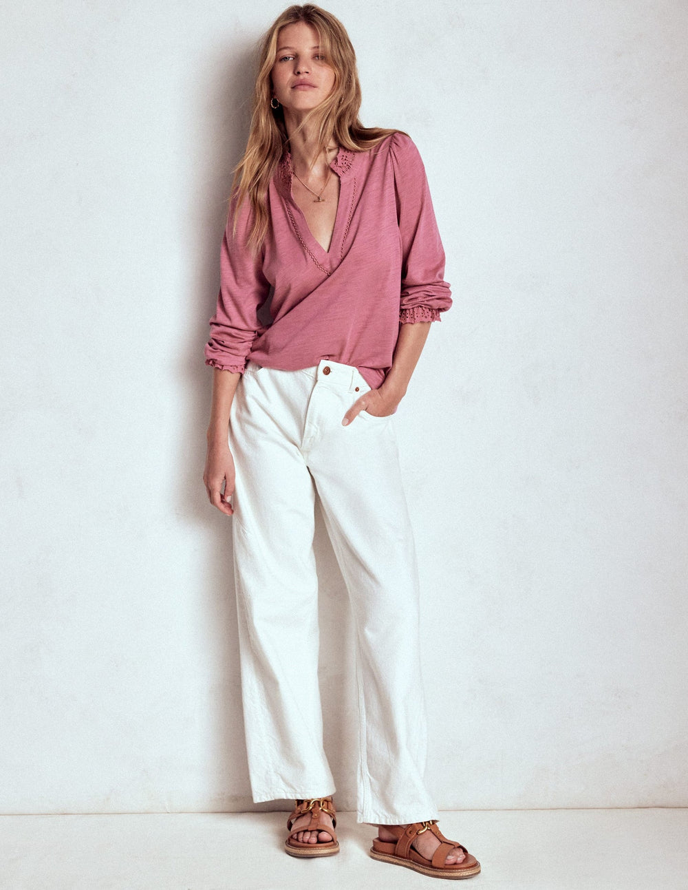 Boden Aria Broderie Notch Neck Top - Pink Heather