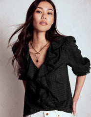 Boden Ruffle V - Neck Blouse - Black