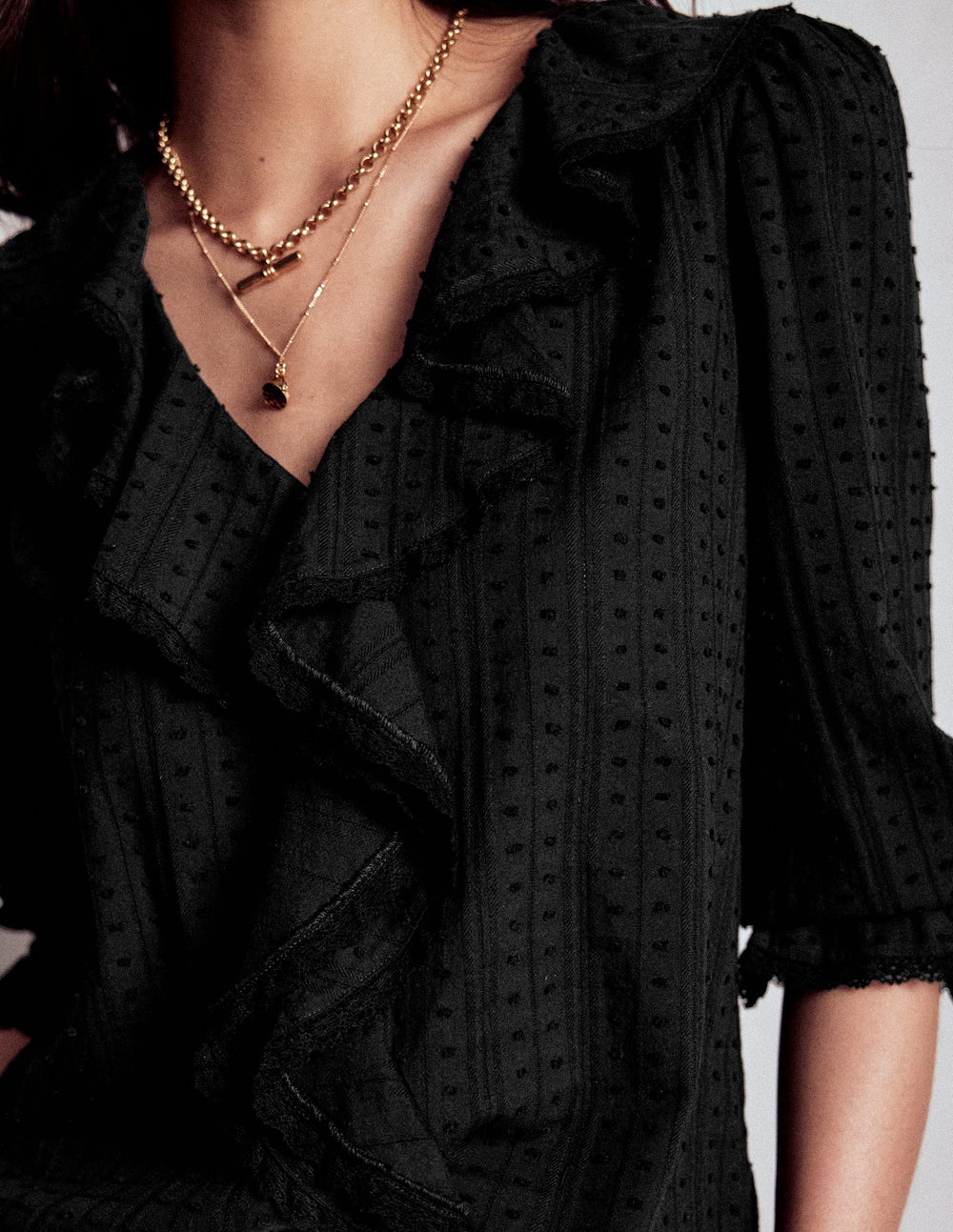 Boden Ruffle V - Neck Blouse - Black
