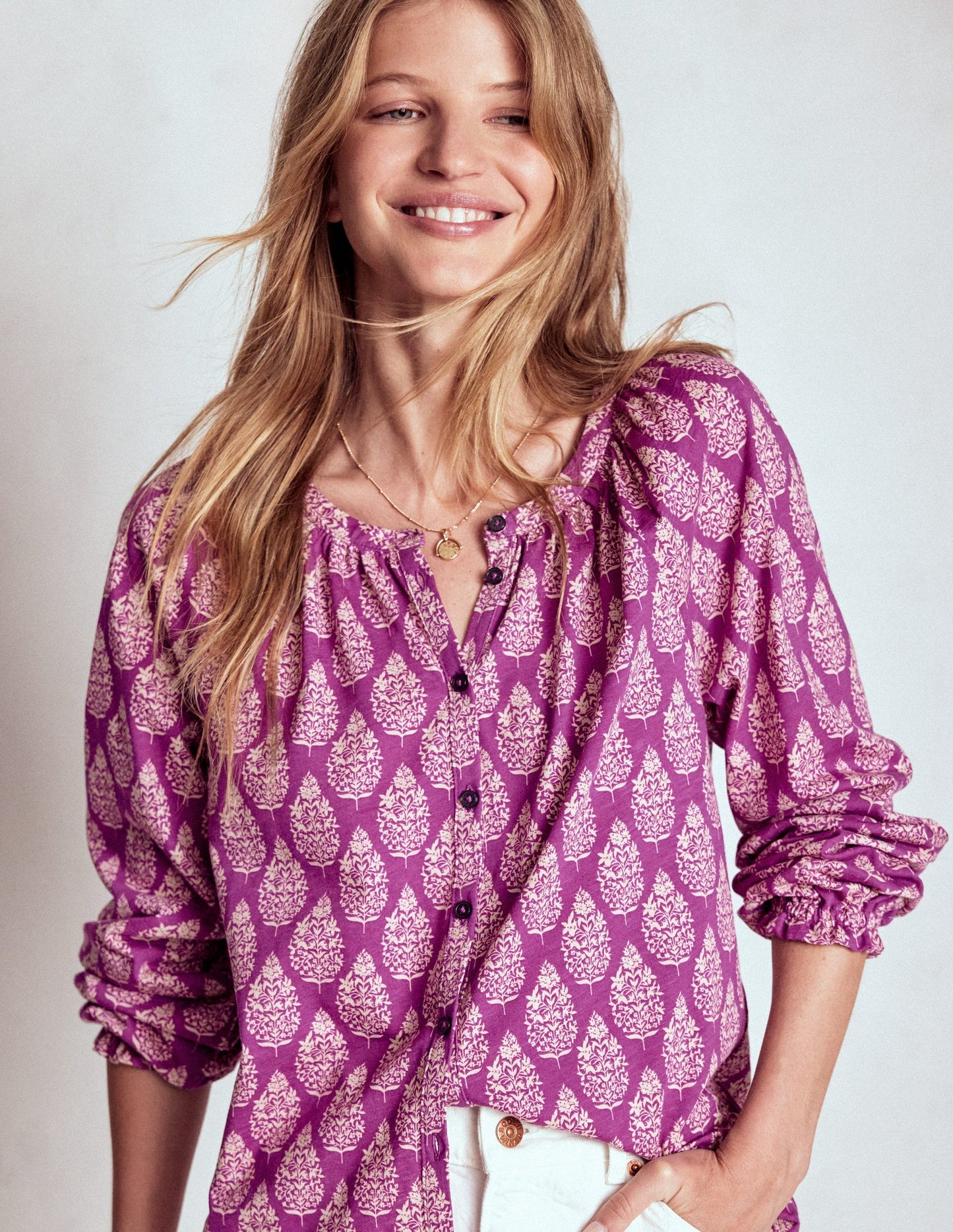 Boden Isla Long Sleeve Jersey Shirt - Purple, Wildflower Bouquet
