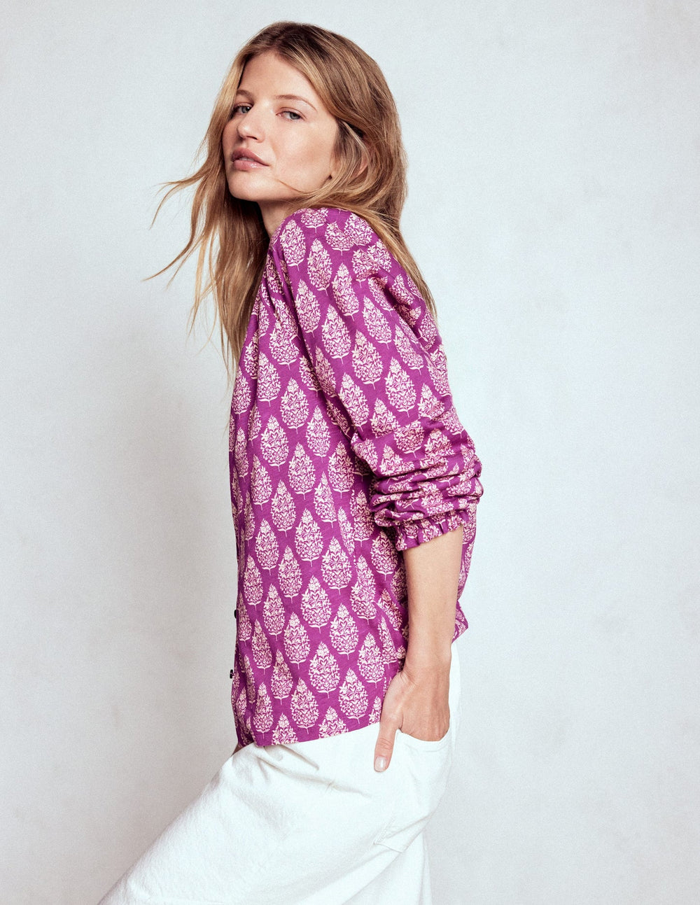 Boden Isla Long Sleeve Jersey Shirt - Purple, Wildflower Bouquet