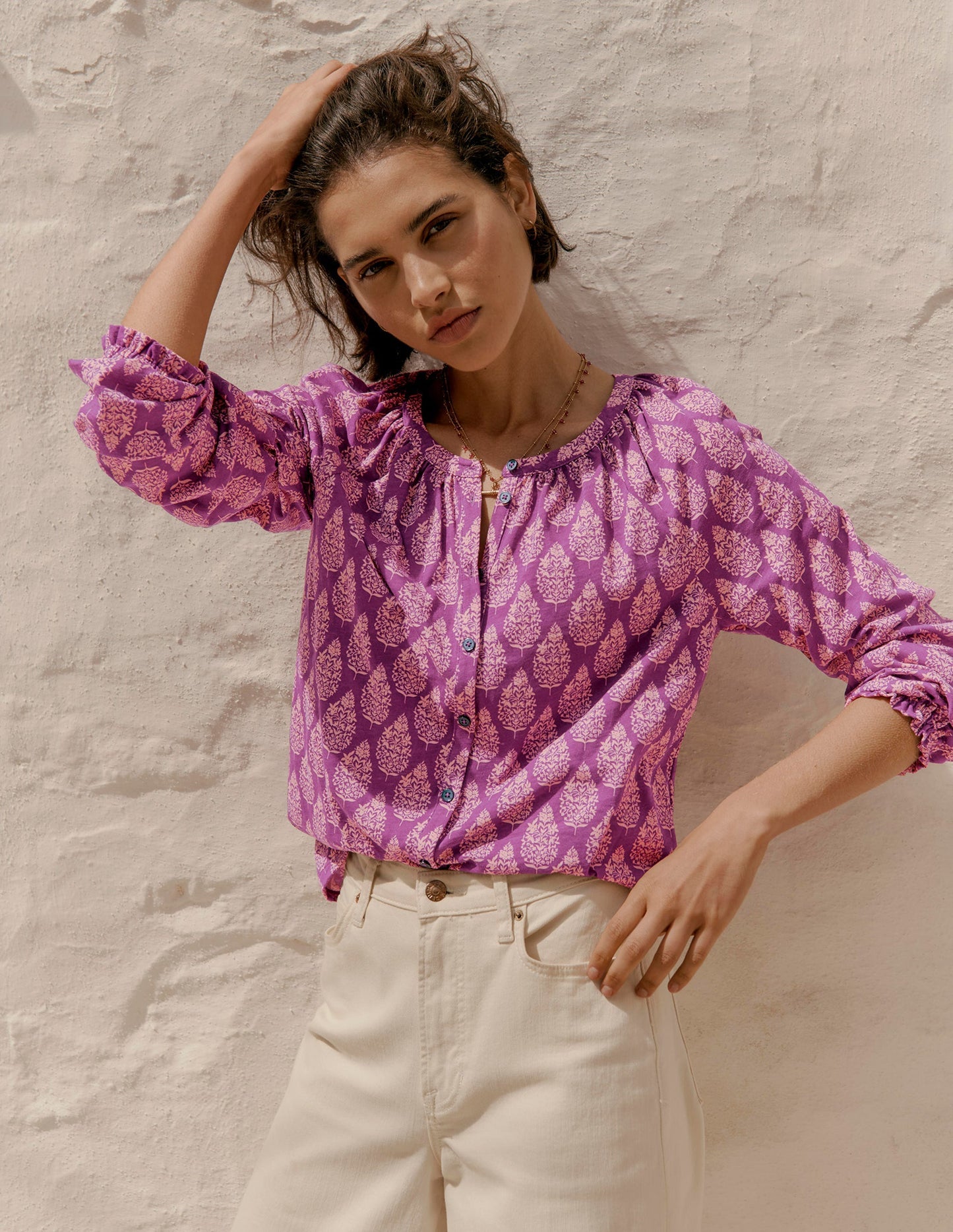 Boden Isla Long Sleeve Jersey Shirt - Purple, Wildflower Bouquet
