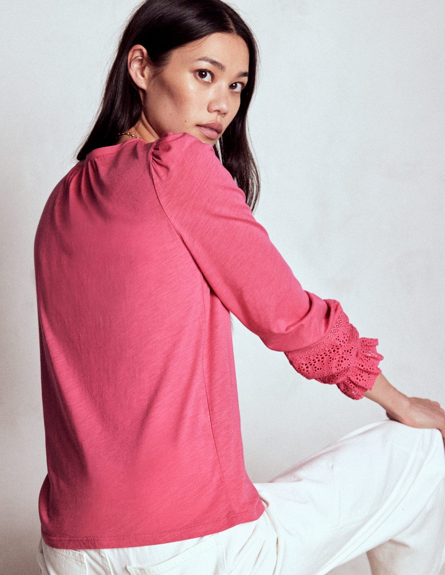 Boden Pippa Broderie Jersey Shirt - Rose Pink