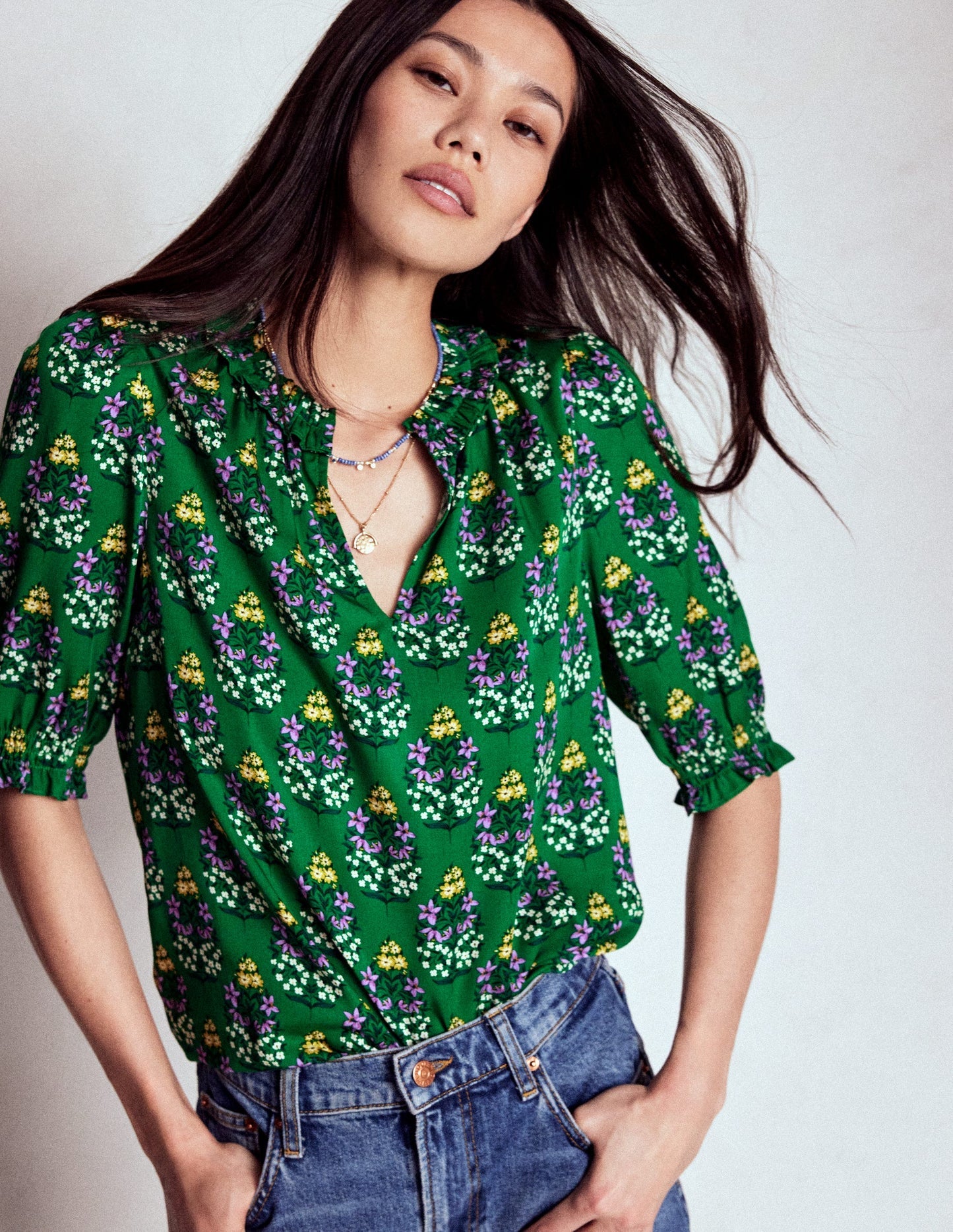 Boden Ria Short Sleeve Top - Emerald, Wildflower Bouquet