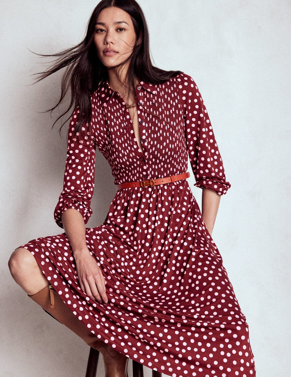 Boden Smocked Jersey Shirt Dress - Chestnut, Painted Dot