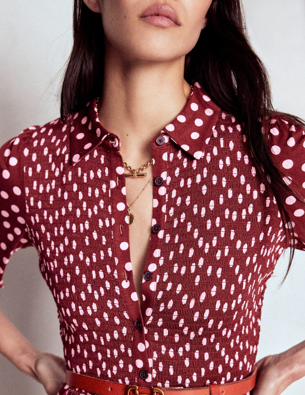 Boden Smocked Jersey Shirt Dress - Chestnut, Painted Dot