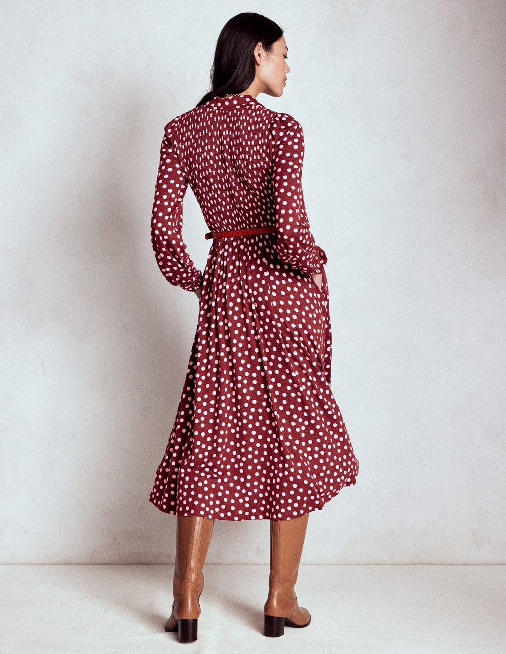 Boden Smocked Jersey Shirt Dress - Chestnut, Painted Dot