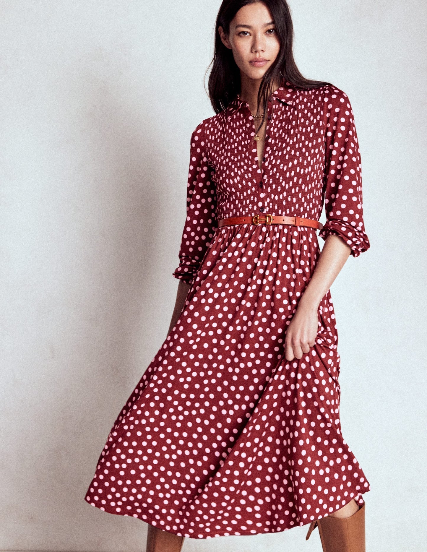 Boden Smocked Jersey Shirt Dress - Chestnut, Painted Dot