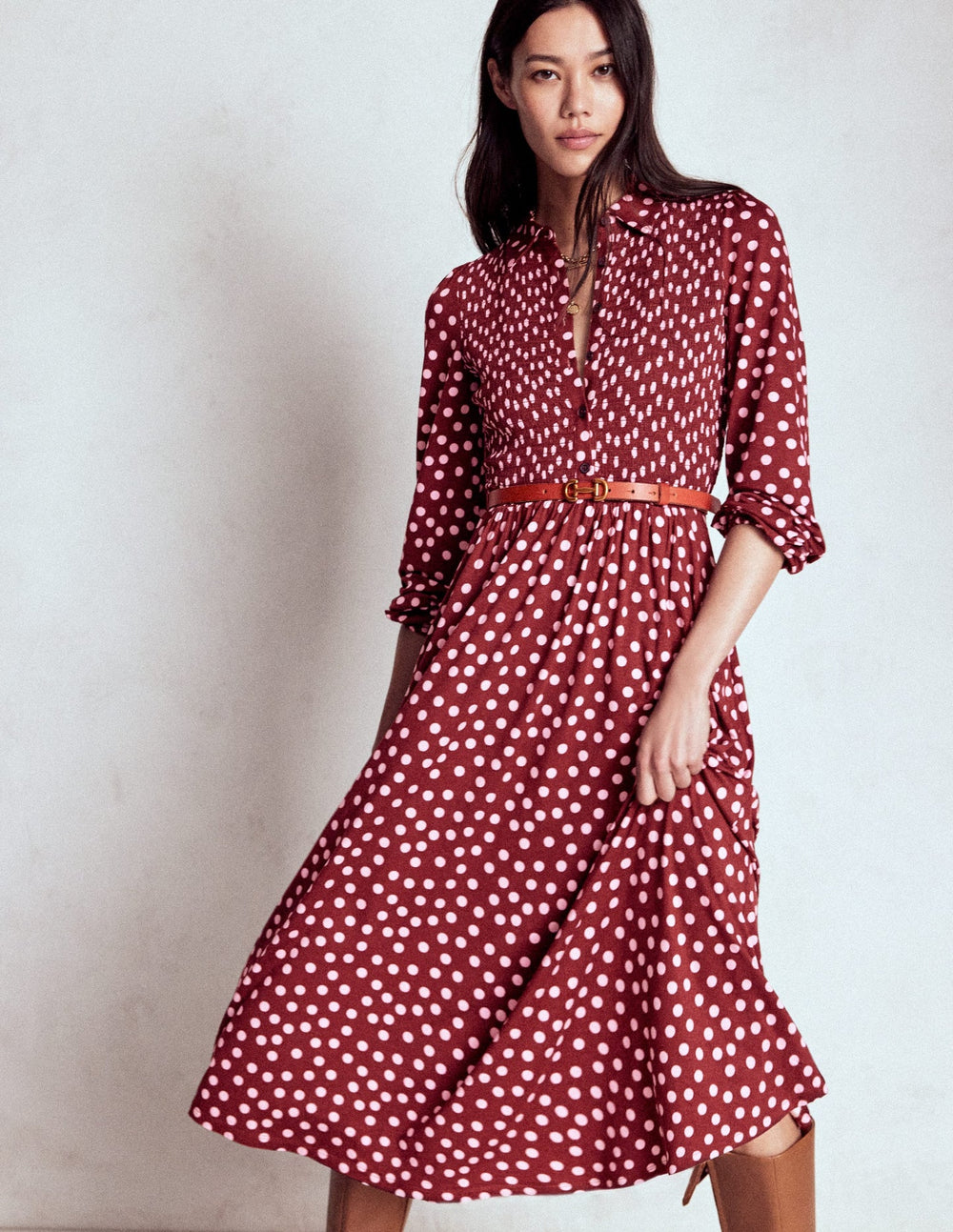 Boden Smocked Jersey Shirt Dress - Chestnut, Painted Dot