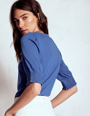 Boden Short Sleeve Smocked Cuff Top - Denim Blue