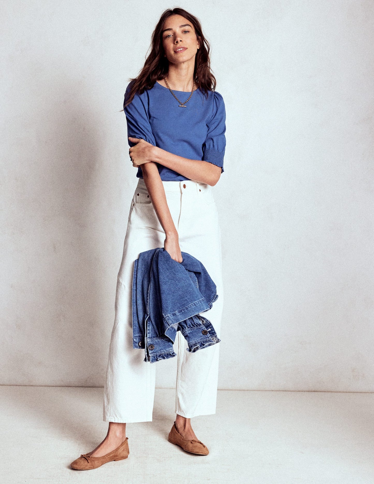 Boden Short Sleeve Smocked Cuff Top - Denim Blue
