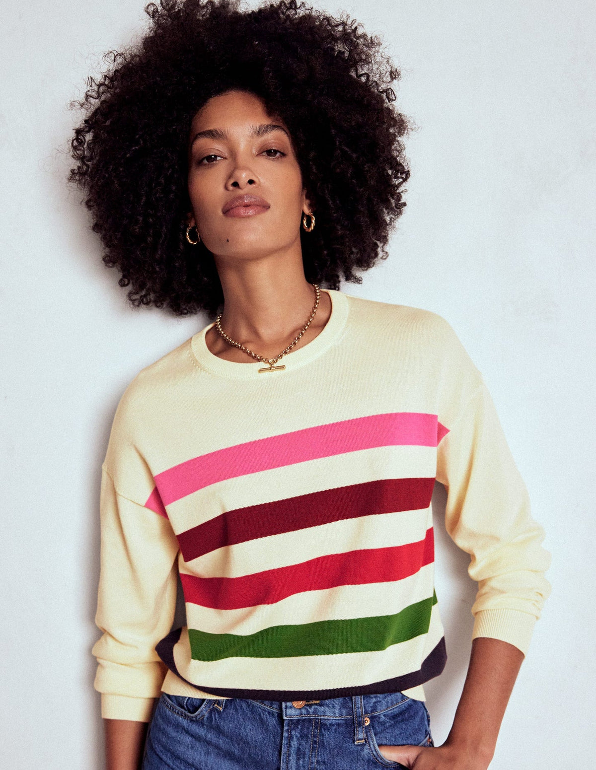 Boden Lara Relaxed Cotton Jumper - Ivory, Multi Stripe