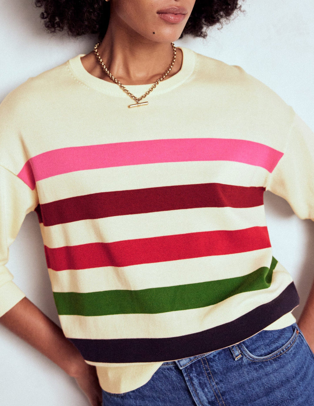 Boden Lara Relaxed Cotton Jumper - Ivory, Multi Stripe