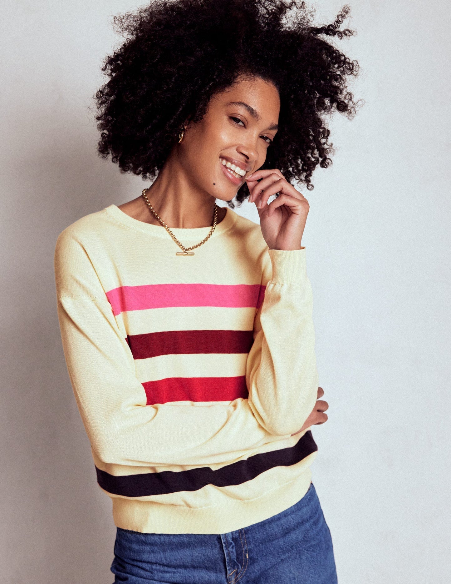 Boden Lara Relaxed Cotton Jumper - Ivory, Multi Stripe