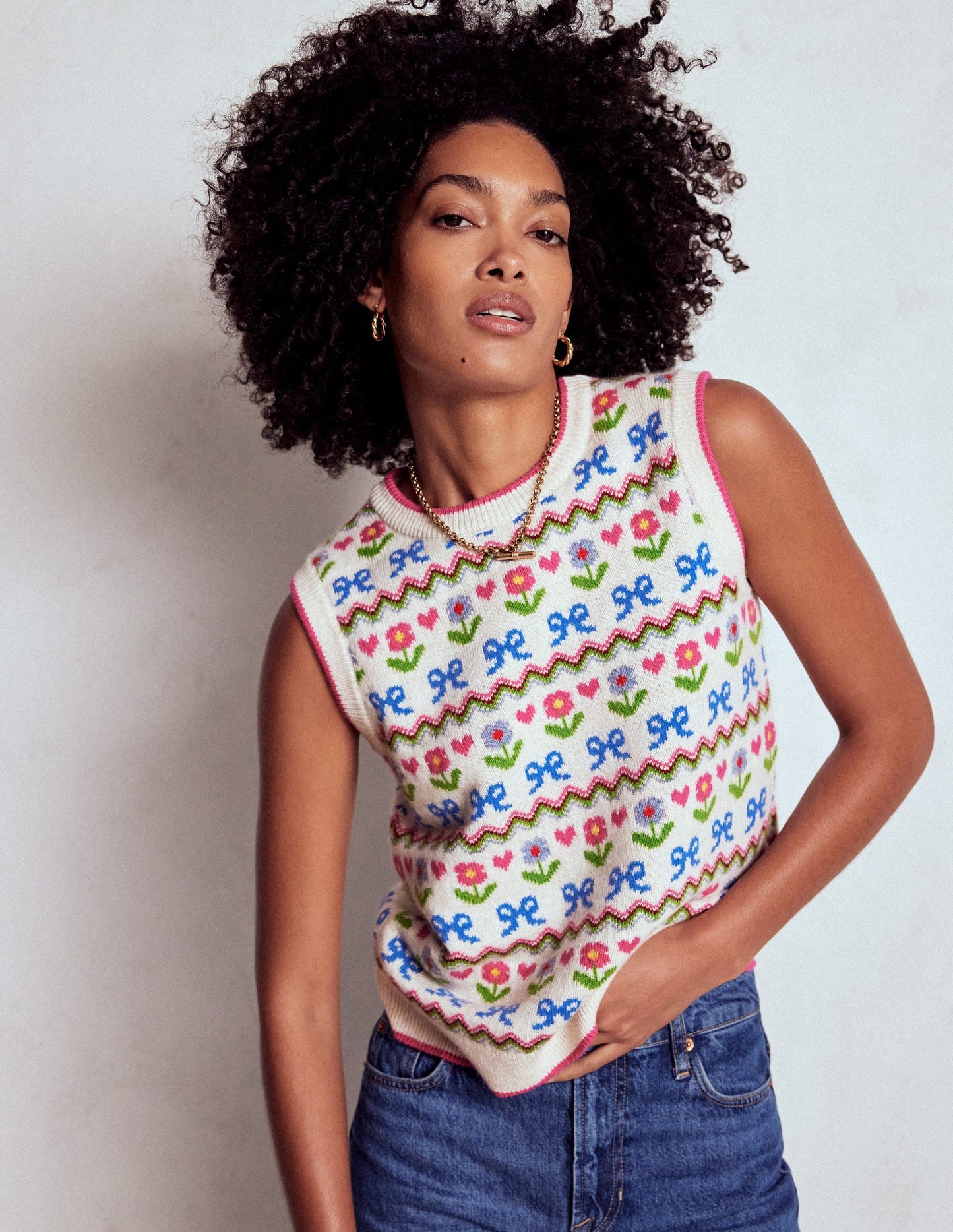 Boden Edie Fair Isle Vest - Oatmeal Melange, Flowers