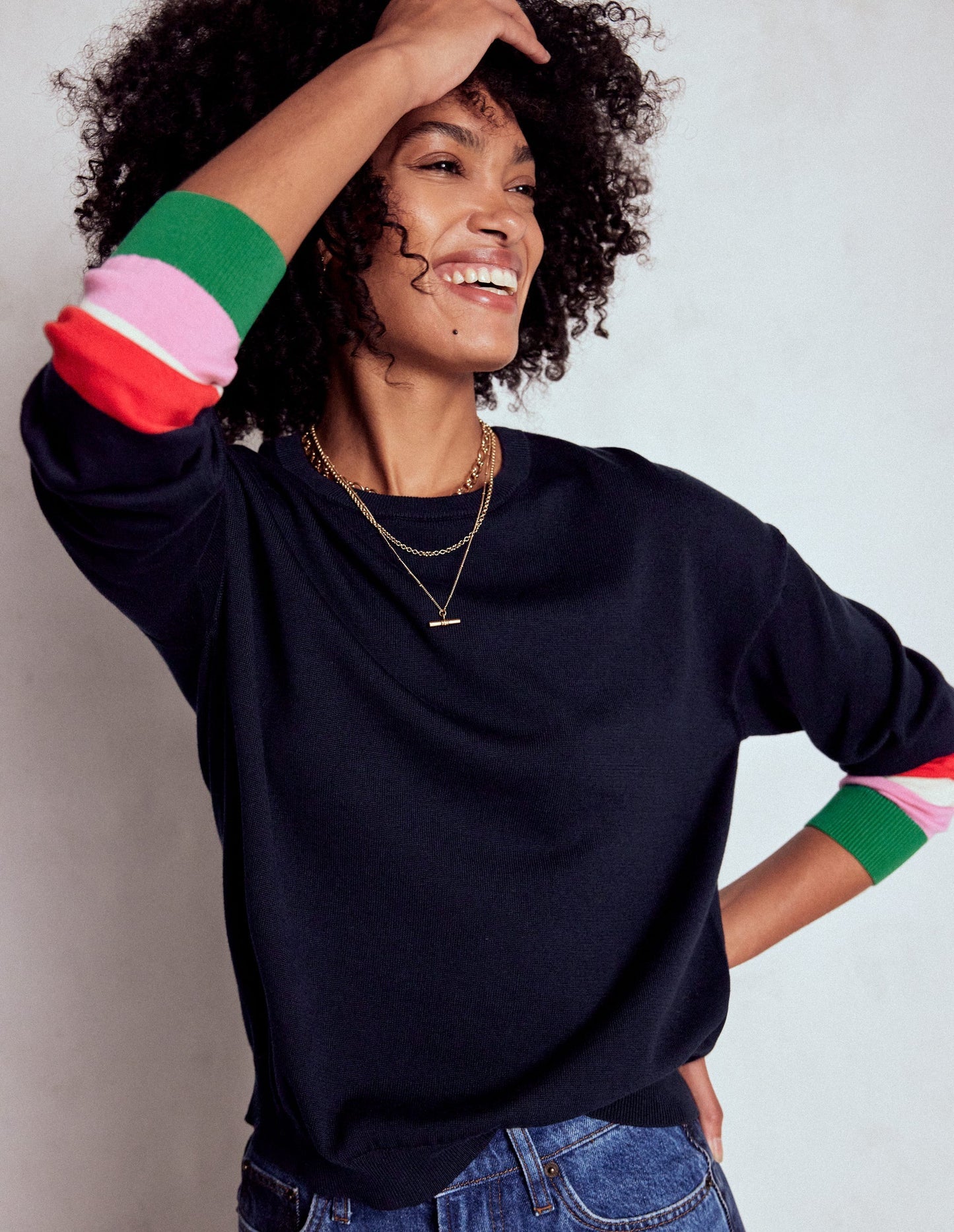 Boden Lara Relaxed Cotton Jumper - Navy Cuff Stripe