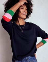 Boden Lara Relaxed Cotton Jumper - Navy Cuff Stripe