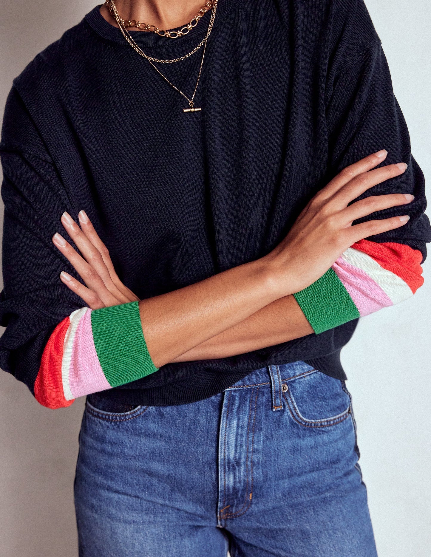 Boden Lara Relaxed Cotton Jumper - Navy Cuff Stripe