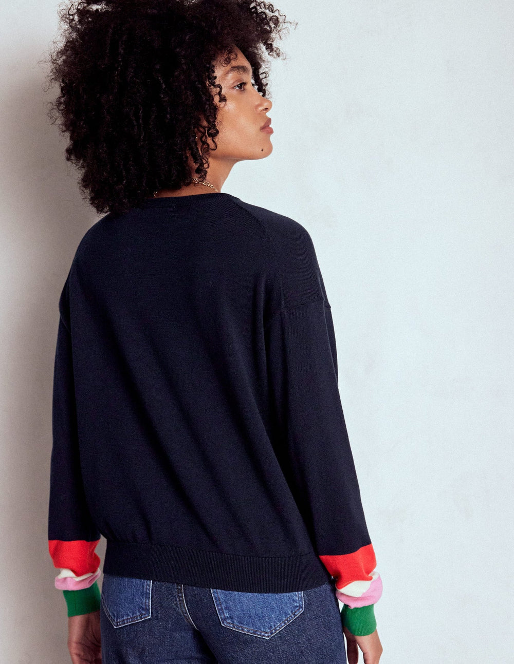 Boden Lara Relaxed Cotton Jumper - Navy Cuff Stripe