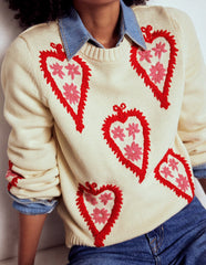 Boden Graphic Embroidered Sweater - Warm Ivory, Hearts