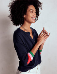 Boden Lara Relaxed Cotton Cardigan - Navy, Cuff Stripe