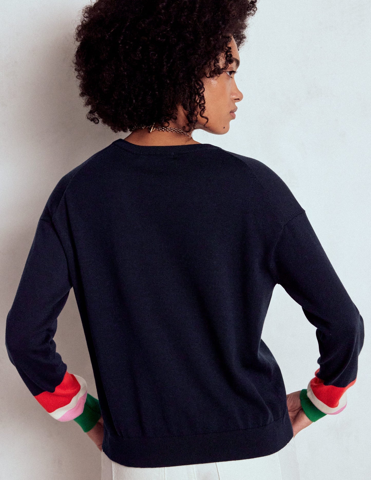 Boden Lara Relaxed Cotton Cardigan - Navy, Cuff Stripe