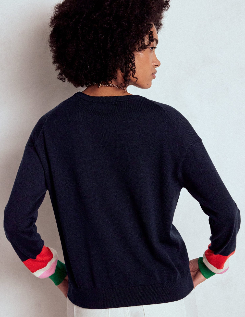 Boden Lara Relaxed Cotton Cardigan - Navy, Cuff Stripe