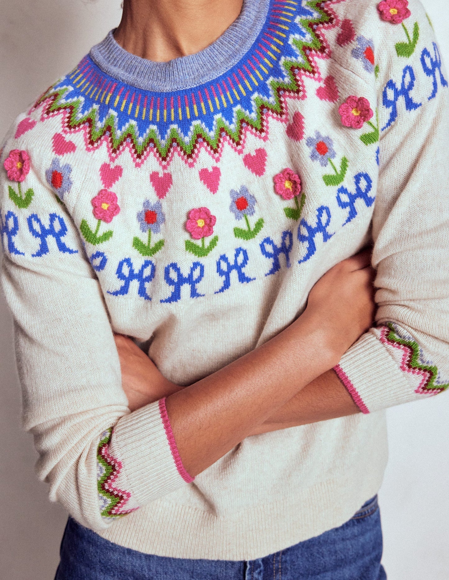 Boden Edie Fair Isle Sweater - Oatmeal Melange, Flowers