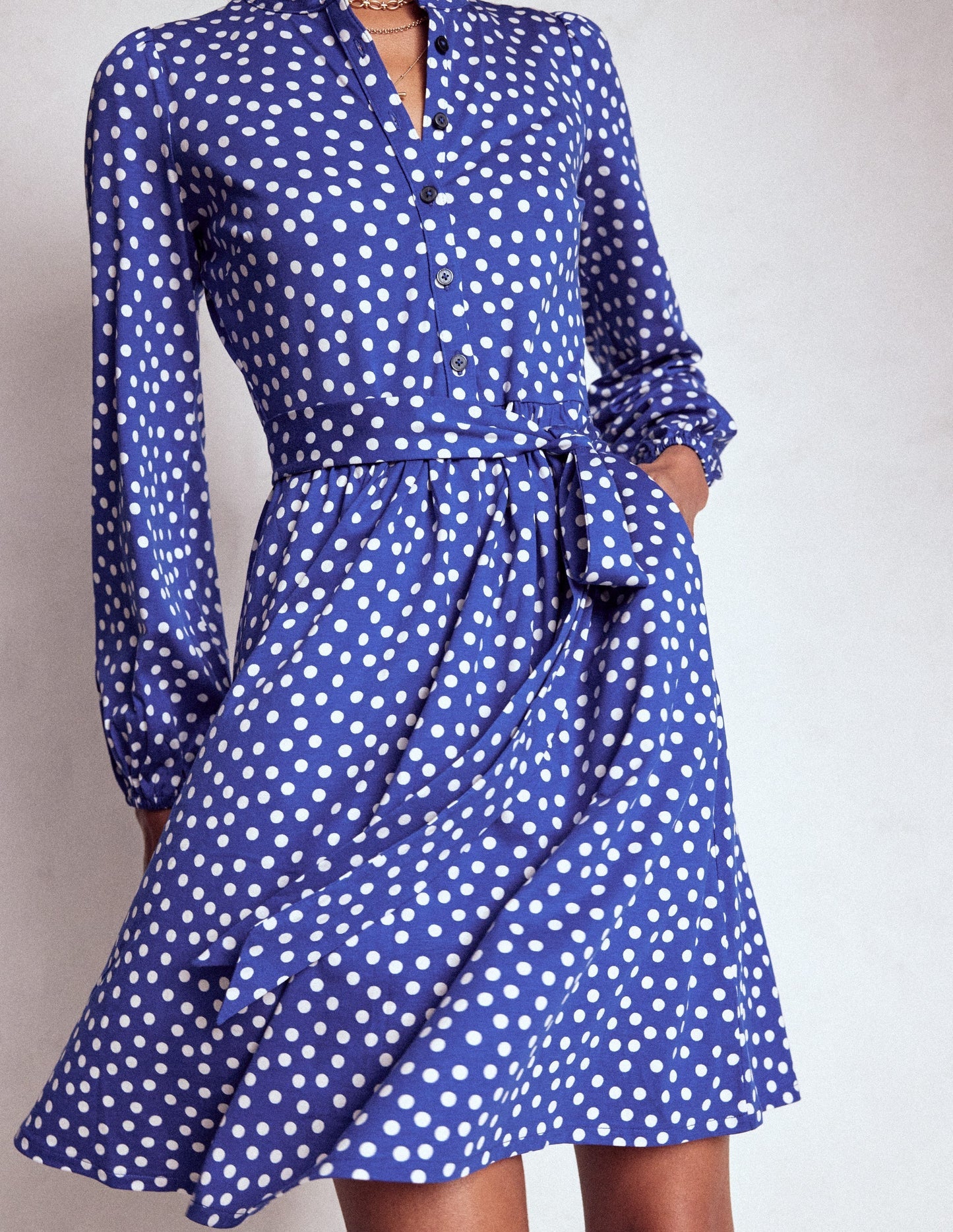 Boden Willow Ruffle Neck Shirt Dress - Bright Blue, Dot