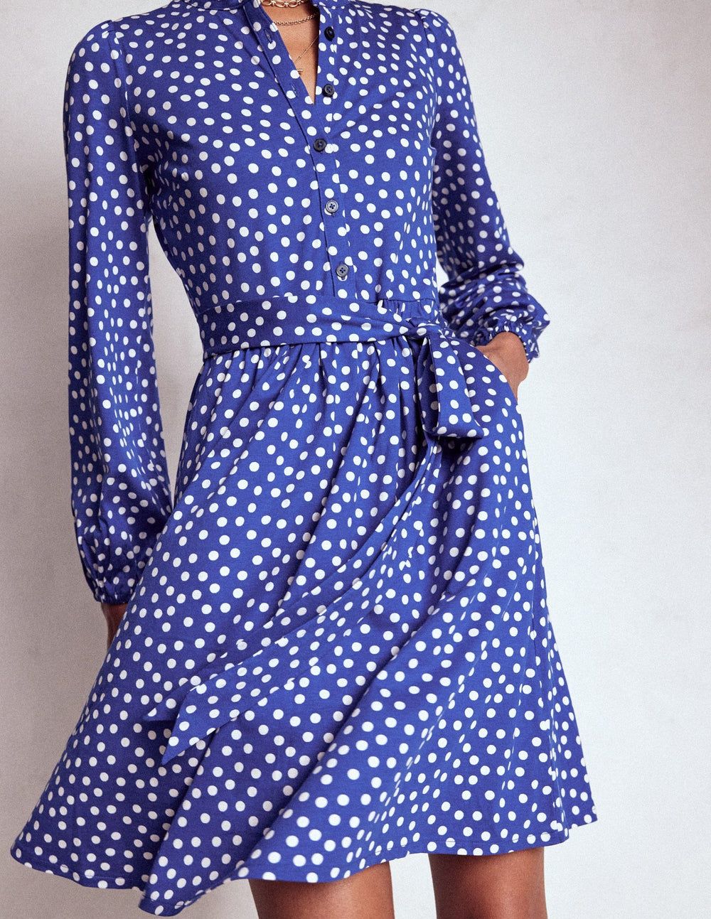 Boden Willow Ruffle Neck Shirt Dress - Bright Blue, Dot