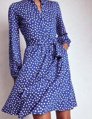 Boden Willow Ruffle Neck Shirt Dress - Bright Blue, Dot