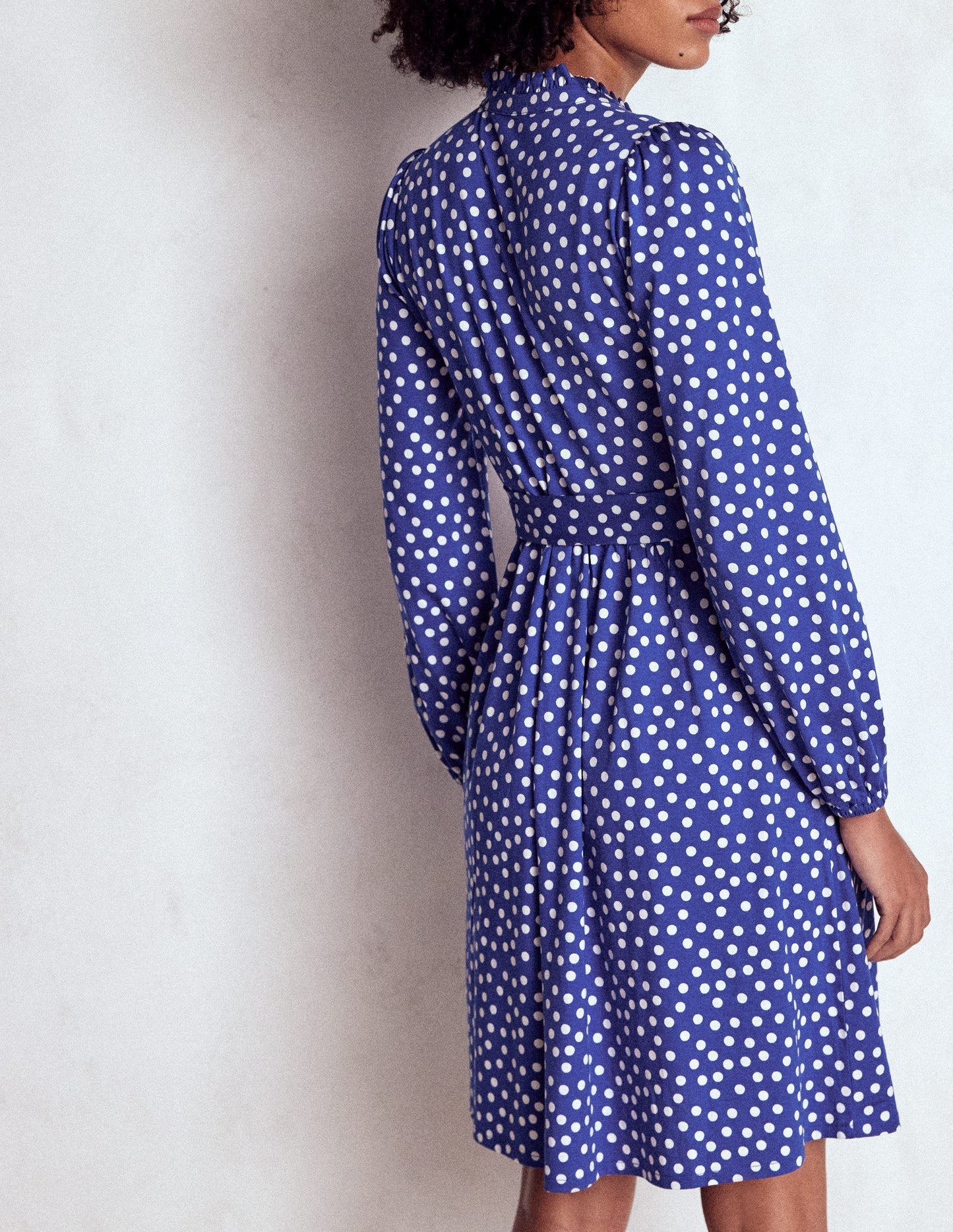 Boden Willow Ruffle Neck Shirt Dress - Bright Blue, Dot