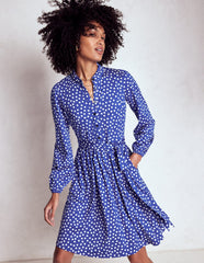Boden Willow Ruffle Neck Shirt Dress - Bright Blue, Dot